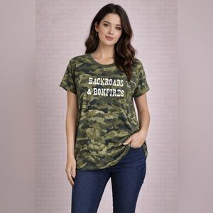 LuLaRoe “Backroads & Bonfires” Camo Graphic Tee | Size Medium